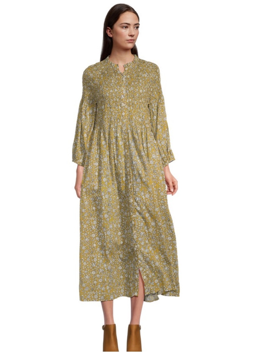 World Market Lucia Mustard and Green Ditsy Floral Cotton Maxi‎ Dress Size S/M